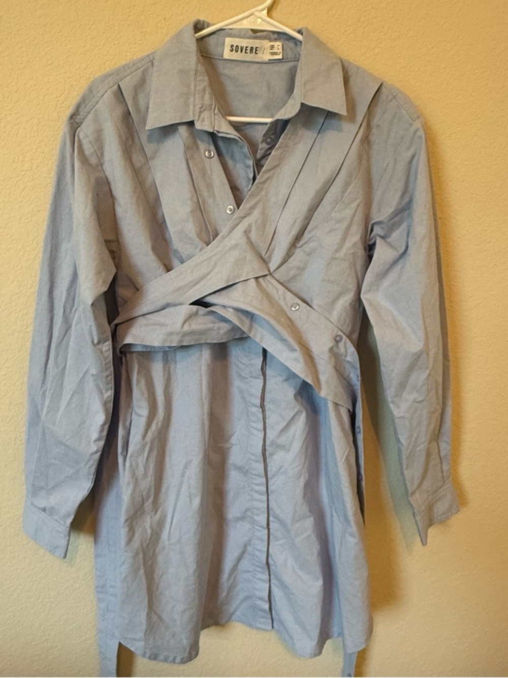 Sovere Revolve Dixie Wrap Shirt Dress Blue Cotton Poplin Mini Sz L12 Long Sleeve - Picture 4 of 8